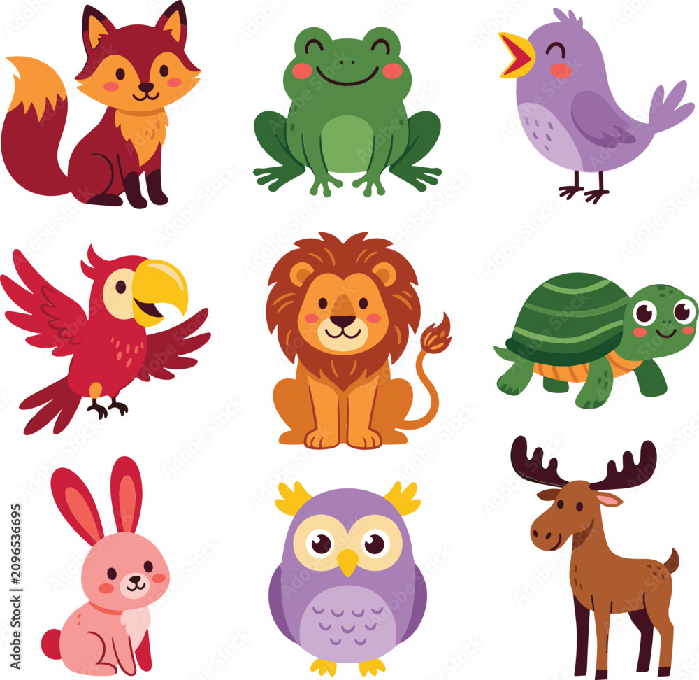 Fototapeta premium Cute cartoon wild animals and birds vector set featuring fox frog lion turtle parrot owl rabbit and moose isolated on white background