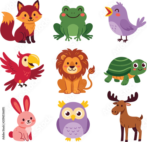 Photography Cute cartoon wild animals and birds vector set featuring fox frog lion turtle pa