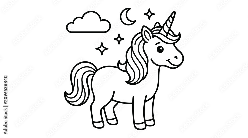 Obraz premium Minimalist black and white vector illustration of a cute unicorn standing under the night sky