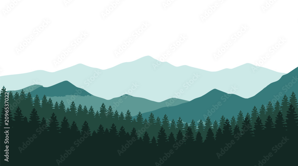 Fototapeta premium Minimalist vector illustration featuring layered evergreen pine forests and distant misty blue mountain range peaks