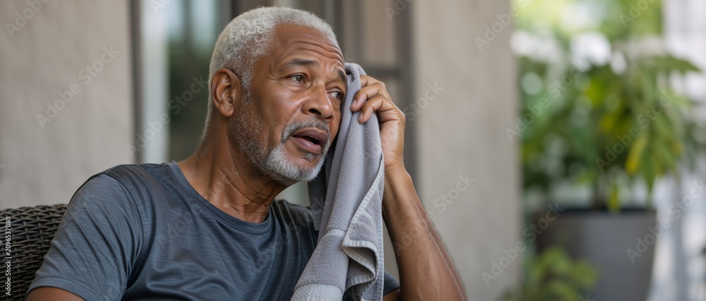 Obraz premium Exhausted senior Black man wiping sweat with a towel outdoors. Older African American male suffering from summer heat or resting after workout. Heat exhaustion and fatigue concept