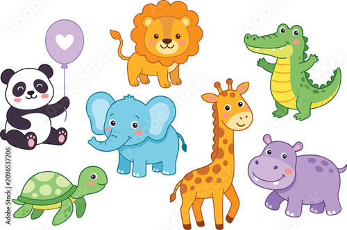 Canvas Print Cute cartoon safari and jungle animals vector set featuring panda with balloon l