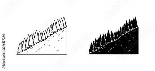 Konstfotografi Forest Slope Vector Icons, Pine Trees on Hillside, Nature Landscape Graphics
