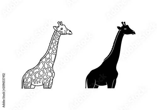 Photography Giraffe Vector Art, Silhouette and Outline Styles, Safari Wildlife Icon, African