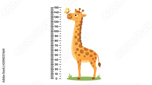 Cute giraffe vector illustration with a height chart ruler and a yellow butterfly for kids