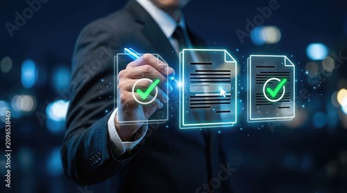 Compliance verification man interacting with digital documents and checkmarks