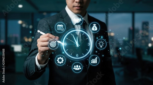 Business professional interacting with digital clock and business icons