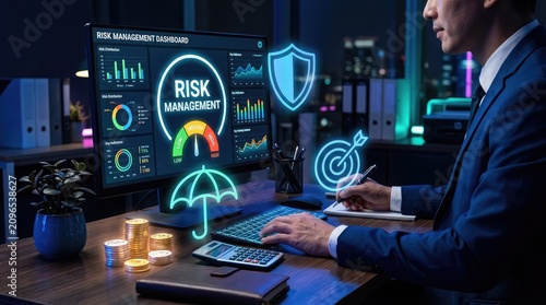 Business professional analyzing risk management dashboard with financial data