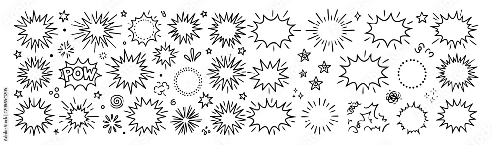 Obraz premium Hand drawn doodle vector mega pack of comic burst elements featuring attention bursts, pop art explosion shapes, radiating lines, impact marks, starbursts isolated on white background