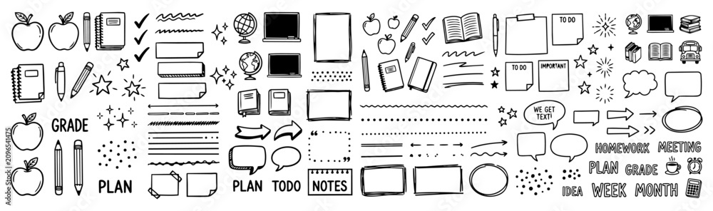 Fototapeta premium Hand drawn doodle vector mega pack of teacher planner decorations featuring apples, pencils, notebooks, sticky notes, check marks, classroom icons isolated on white background
