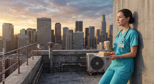 Female Nurse Taking a Coffee Break on Rooftop Overlooking City Skyline