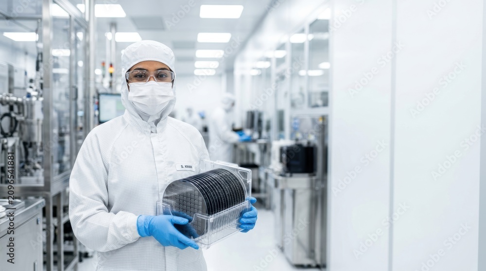 Naklejka premium Woman technician in cleanroom holding silicon wafer carrier. Semiconductor manufacturing process and microchip production. Industrial engineer in protective clothing working in laboratory.