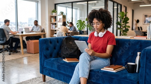 Young latin woman student on sofa using digital tablet technology for education, online browsing and studying in modern home office or campus. Freelance indian or muslim girl holding tablet for work