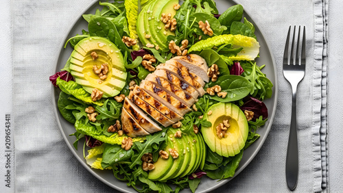 Grilled chicken and avocado salad with mixed greens nuts on a gray plate with a fork