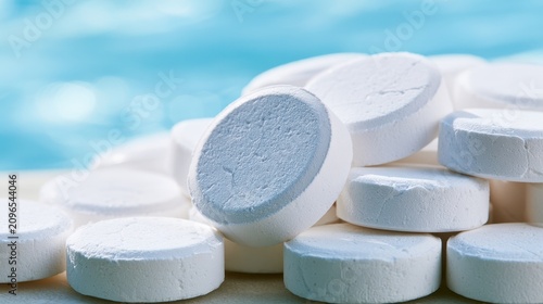 Close-up of white chlorine tablets for pool disinfection beside an automatic pool dispenser