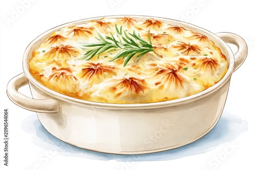 Illustrated rustic shepherd's pie in a cream ceramic dish with golden-brown crust and fresh herbs on top, presented on a light background