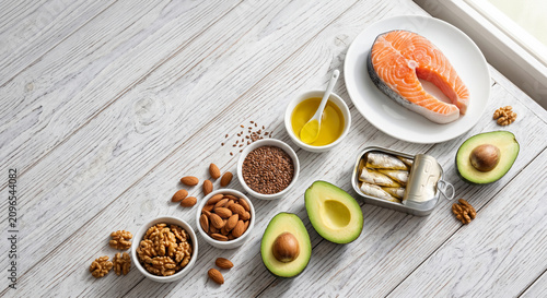 Healthy Fats and Omega-3 Food Sources with Salmon Avocado Nuts and Olive Oil on White Table with Copy Space