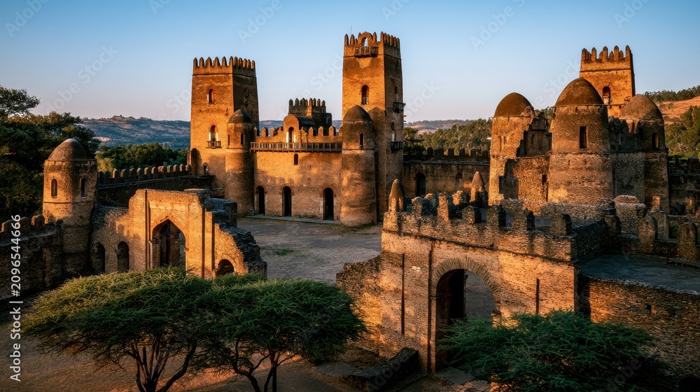 Fototapeta premium Fasil Ghebbi Royal Enclosure, Gondar, Ethiopia: Ancient castle ruins bathed in golden hour light