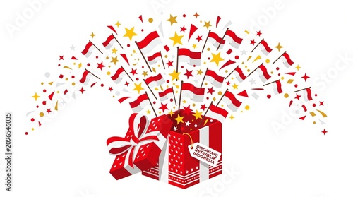 Celebratory Red Gift Box Bursting with Red and White National Flags and Confetti for Independence Day