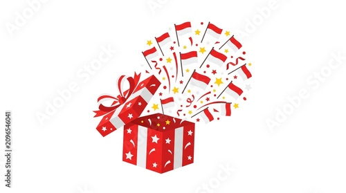 Celebratory Red and White Gift Box with Indonesian Flags and Stars for Independence Day Celebration