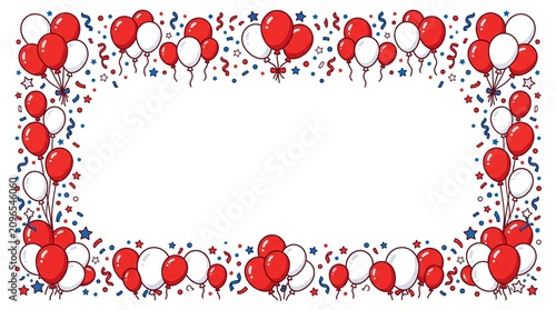 Celebration frame with red and white balloons stars and confetti for party events or holiday announcements