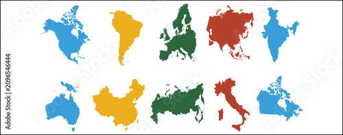 Quadro su tela World continent maps collection, colorful geographic silhouette vector illustrat