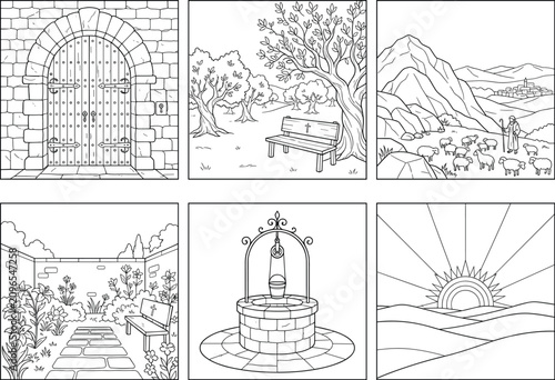 Fotografía Biblical line art scene set featuring stone gate garden well shepherd and sunris