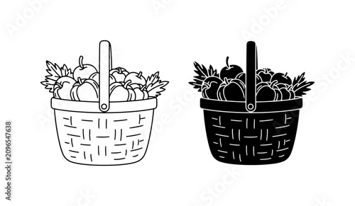 Cuadro en lienzo Hand-drawn Fruit Basket Vector Icons, Harvest Produce Collection, Black and Whit
