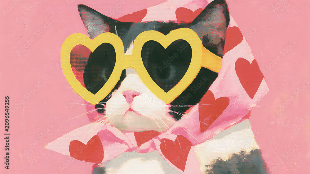 Fototapeta premium Cool Cat Chic: A fashionable feline sporting quirky heart-shaped sunglasses and a stylish scarf with a heart pattern, exuding playful charm and a touch of glamour.