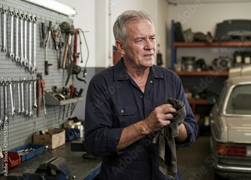 Senior Caucasian mechanic wiping dirty hands on a grease rag in an auto repair shop. Tired elderly man in a blue uniform taking a break from hard physical labor