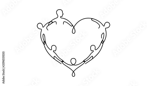 World Humanitarian Day continuous line heart with people unity vector illustration