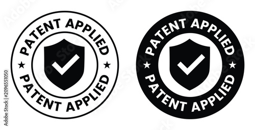 Schilderij op canvas Patent applied seal with shield and checkmark black silhouette on white backgrou
