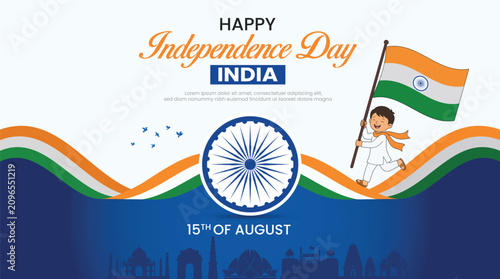 Foto Happy India Independence Day Banner: A vibrant banner celebrating India's Independence Day on August 15th, featuring the Indian flag, Ashoka Chakra, and patriotic symbols