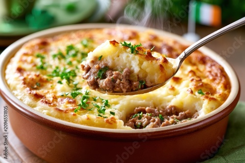 Steaming shepherd's pie in a brown ceramic bowl with a spoon lifting a portion, garnished with parsley, set against a blurred background with green accents