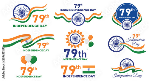 79th Indian Independence Day Collection: A vibrant collection of graphic elements celebrating the 79th Indian Independence Day, featuring the national flag colors, Ashoka Chakra.