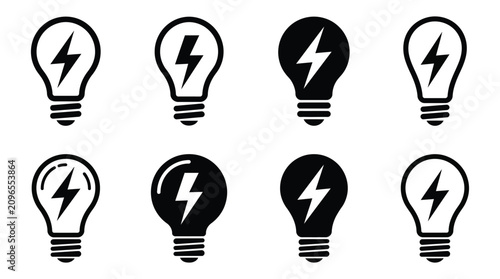 Eight Light Bulb Silhouettes With Lightning Bolt Icons Black And White Silhouette