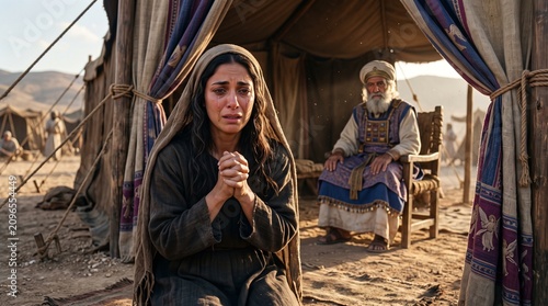 Biblical scene of Hannah weeping in silent prayer at the ancient Tabernacle in Shiloh, while High Priest Eli watches in the background