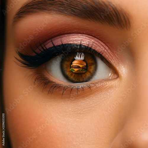 Close-up of an Eye Reflecting a Double Cheeseburger