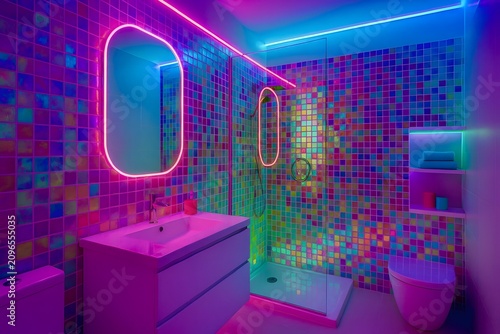 Contemporary Bathroom Interior with Colorful Mosaic Tiles and Neon Light Accents
