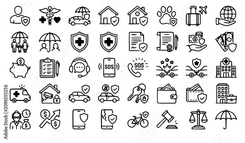 Insurance Thin Line Icons Set with Editable Stroke Life Car Home Health and Financial Protection Symbols Vector