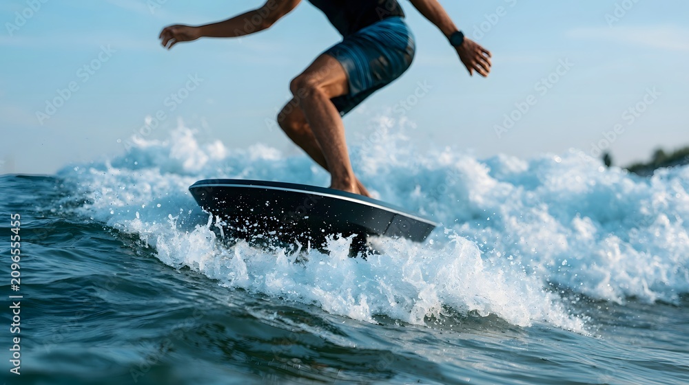 Fototapeta premium A person rides a black surfboard on a blue ocean wave under clear sky with white foam splashing around