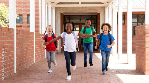 Group of four diverse elementary students running happily through a school hallway with brick walls and white pillars, wearing colorful backpacks