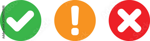 Obraz na płótnie Status indicator vector icons set with green tick orange exclamation and red cross mark