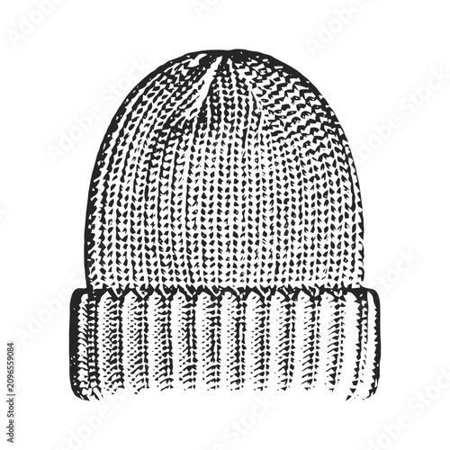 A detailed black and white ink of a knitted winter beanie hat, isolated on a white background, representing cold weather