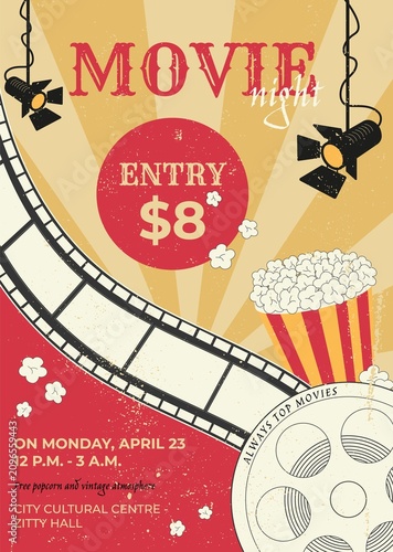 Vintage-style movie night poster with retro cinema elements, film reel, popcorn, and stage lights, nostalgic design