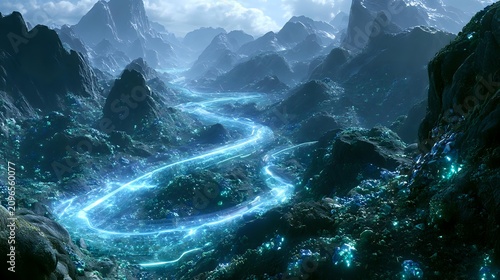 Clean hydrogen transport network represented by luminous energy channels crossing mountainous mineral terrain futuristic infrastructure concept balanced cinematic lighting