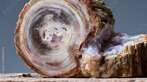 Cross section of petrified wood revealing beautifully preserved mineralized growth rings and crystalline cell structures balanced macro photography lighting sharp realistic detail