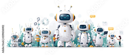 Futuristic robot characters set, friendly white android collection with orange accents, cute artificial intelligence bots for tech support and automation