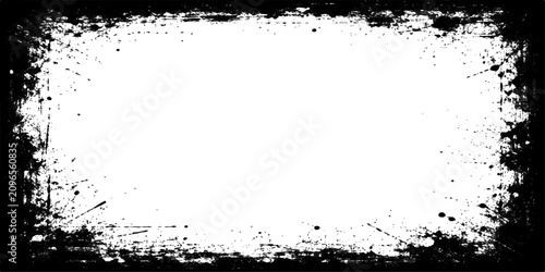 Abstract grunge ink splash frame background with black paint drops and liquid splashing texture border design.