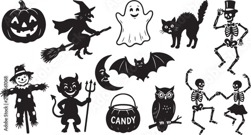 Foto Halloween collection of black silhouettes including a pumpkin, witch, ghost, cat